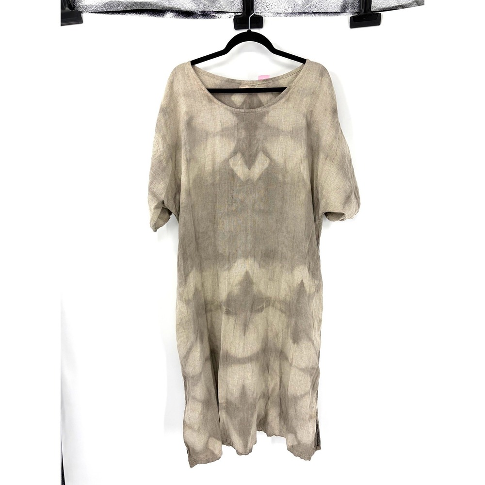 Love To Love You Linen Tie Dye Midi Dress Beige Taupe Oversized Short Sleeve